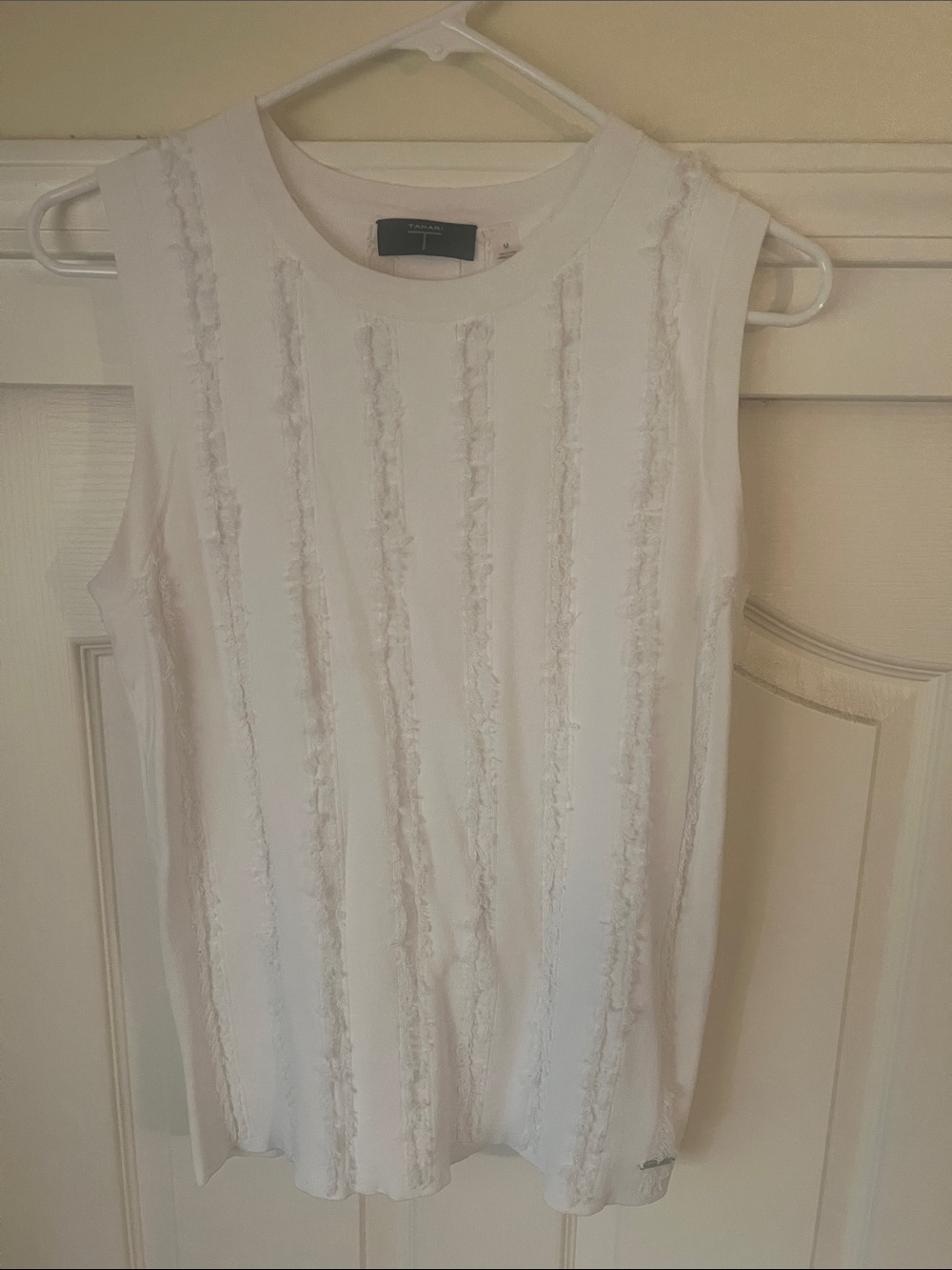 Tahari White Sleeveless Fringe-Stripe Knit Tank